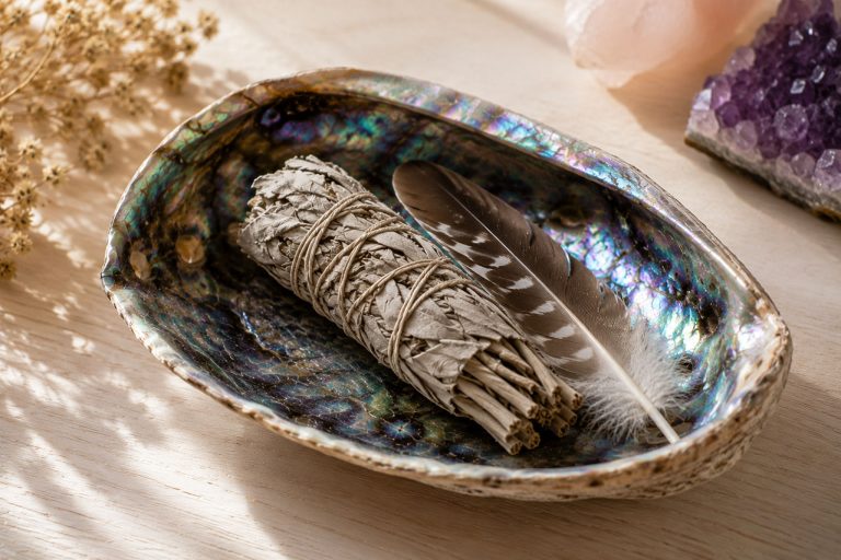 Sage smudge bundle in abalone shell with feather for cleansing rituals.