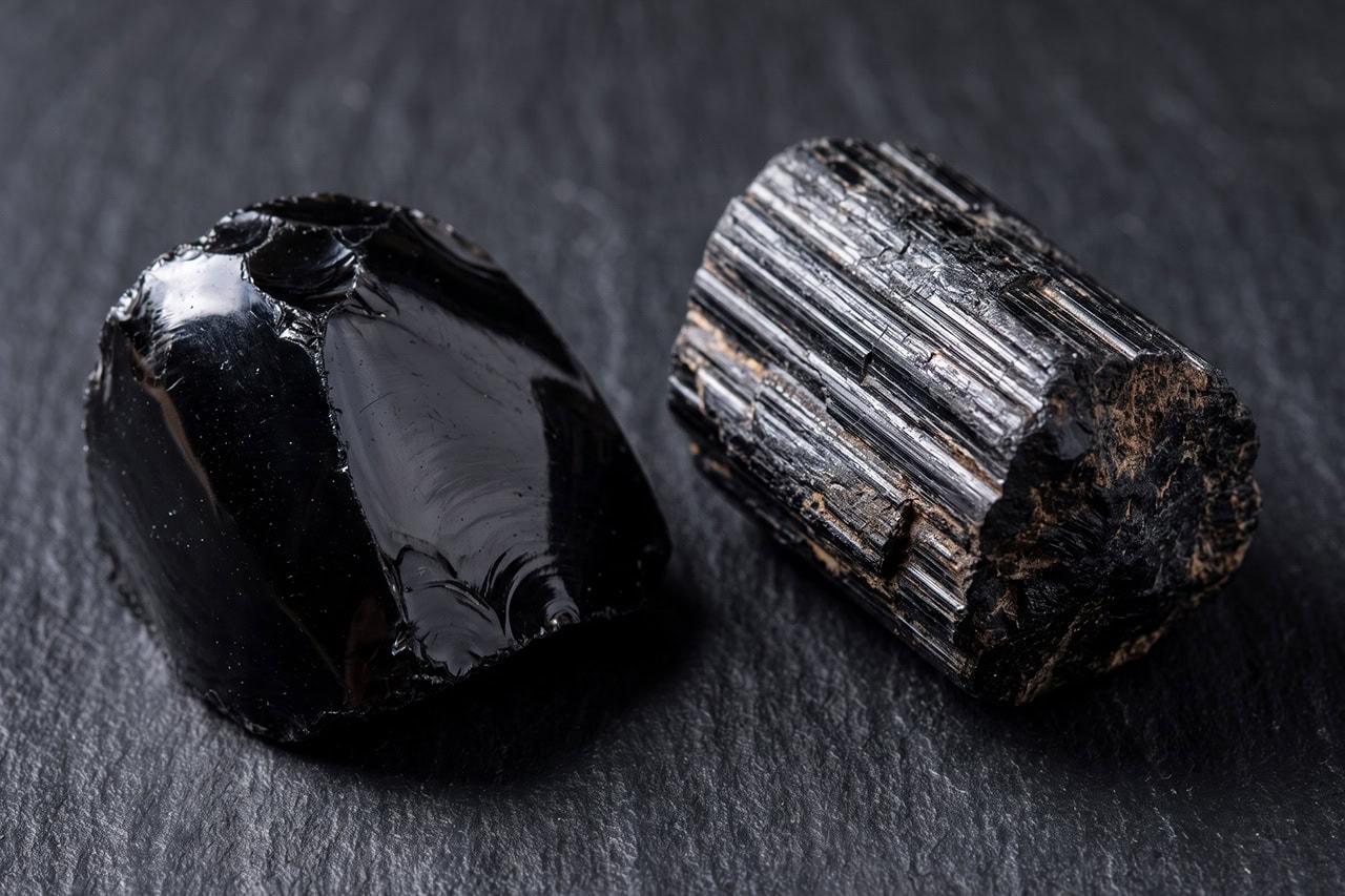 A glossy black obsidian mass with a smooth conchoidal fracture surface sits beside a stubby black tourmaline prism