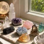 Crystals charging on a sunny windowsill beside moon lamp and small plants
