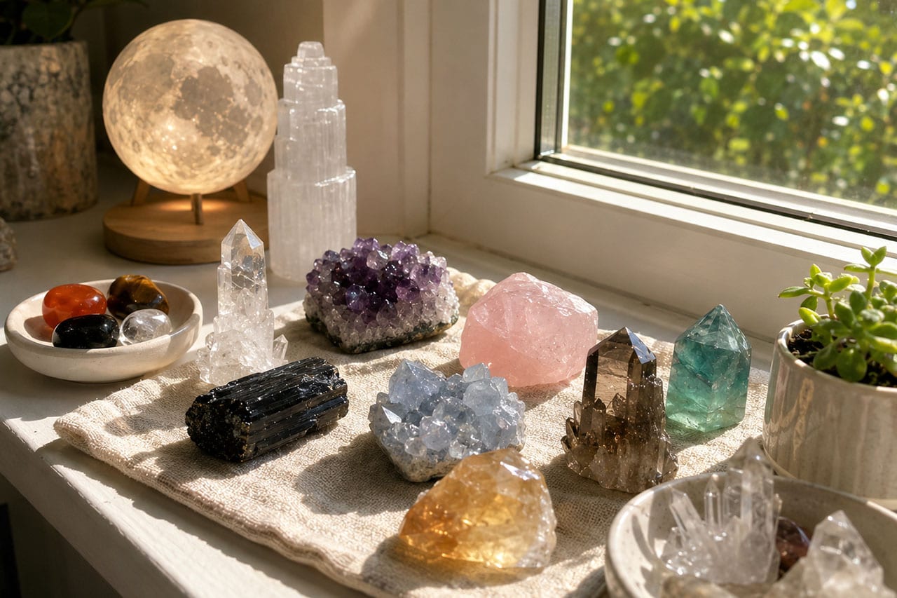 Crystals Charging On A Sunny Windowsill Beside Moon Lamp And Small Plants