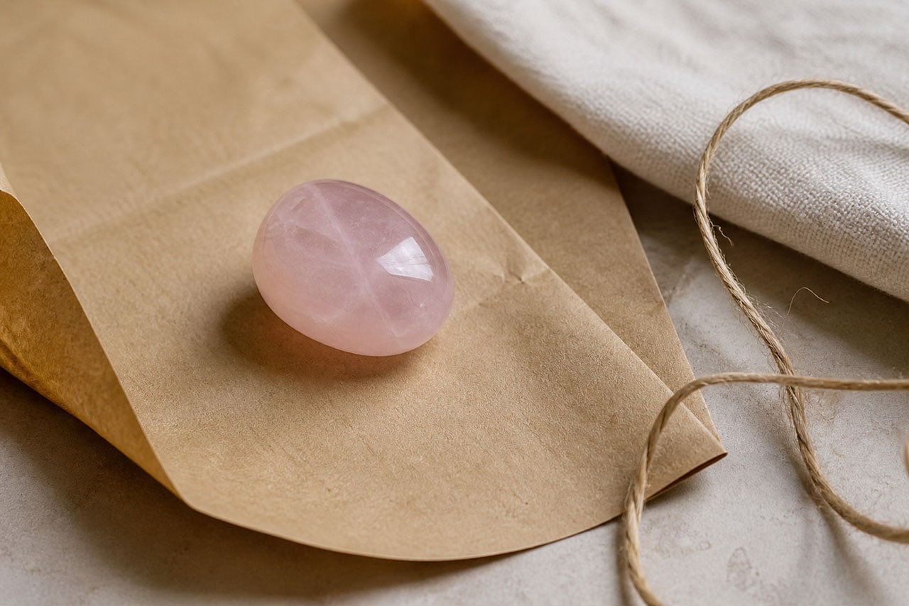 Rose Quartz On Kraft Paper With Twine, Soft Light