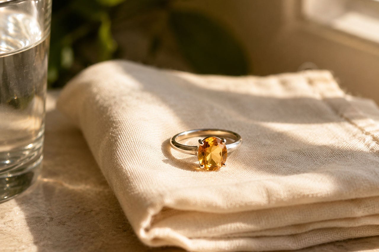Citrine Ring With Silver Band On Folded Linen Beside Glass Of Water In Warm Morning Light