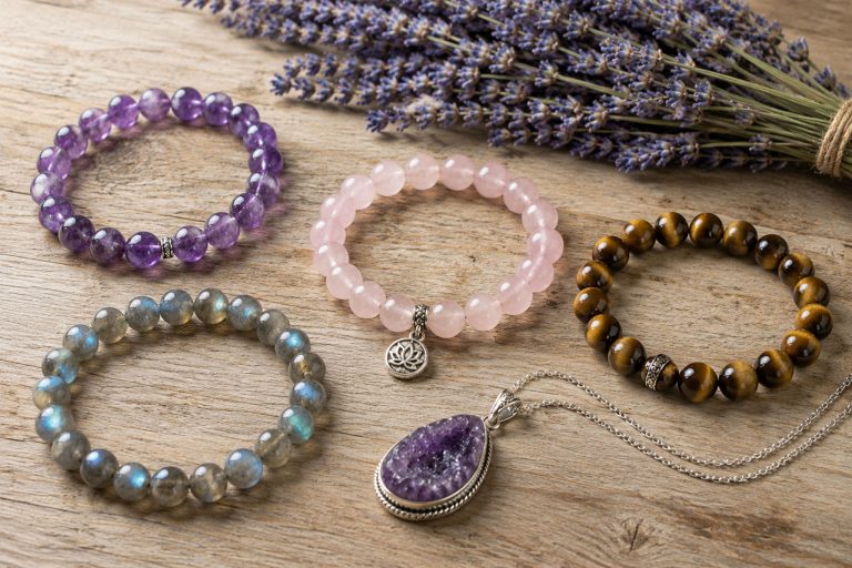 amethyst, rose quartz, tiger's eye, labradorite on wooden desk