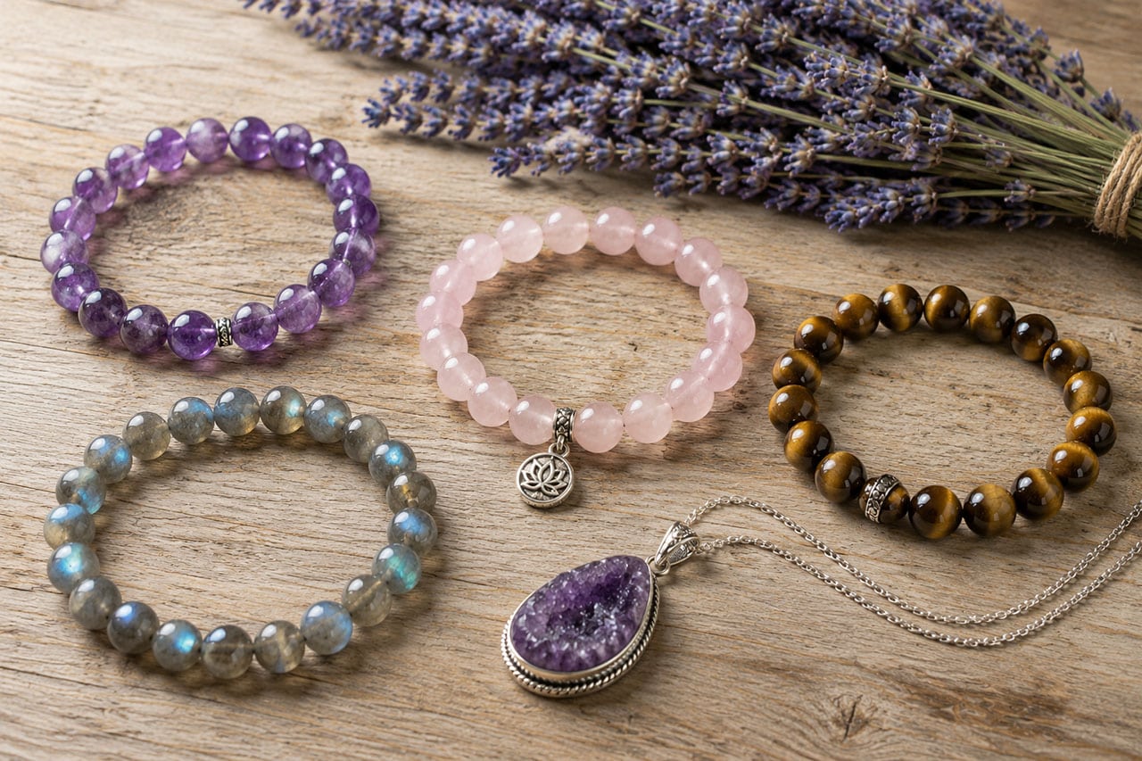 Amethyst, Rose Quartz, Tiger'S Eye, Labradorite On Wooden Desk