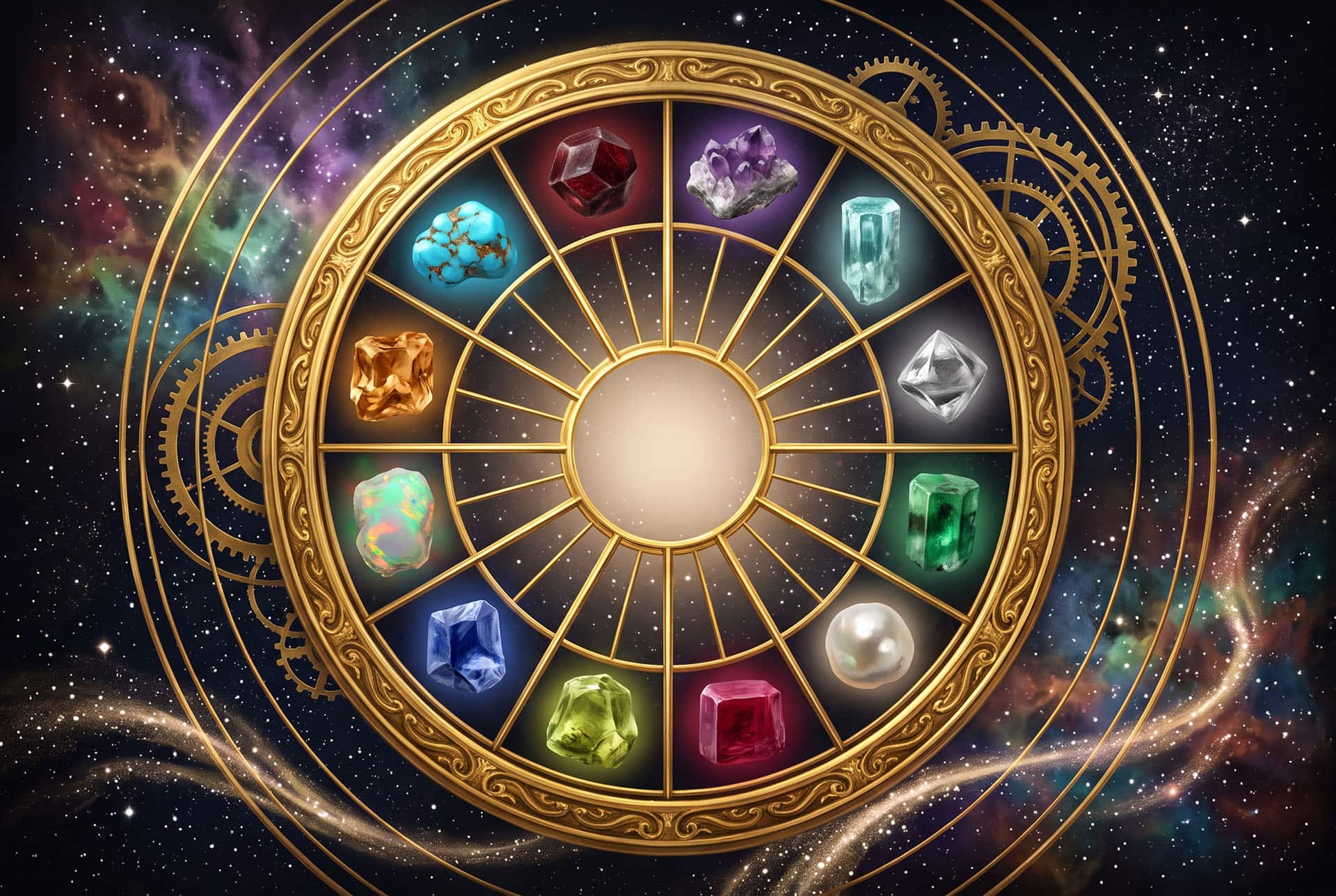 Birthstones category graphic with all 12 month crystals around the circle