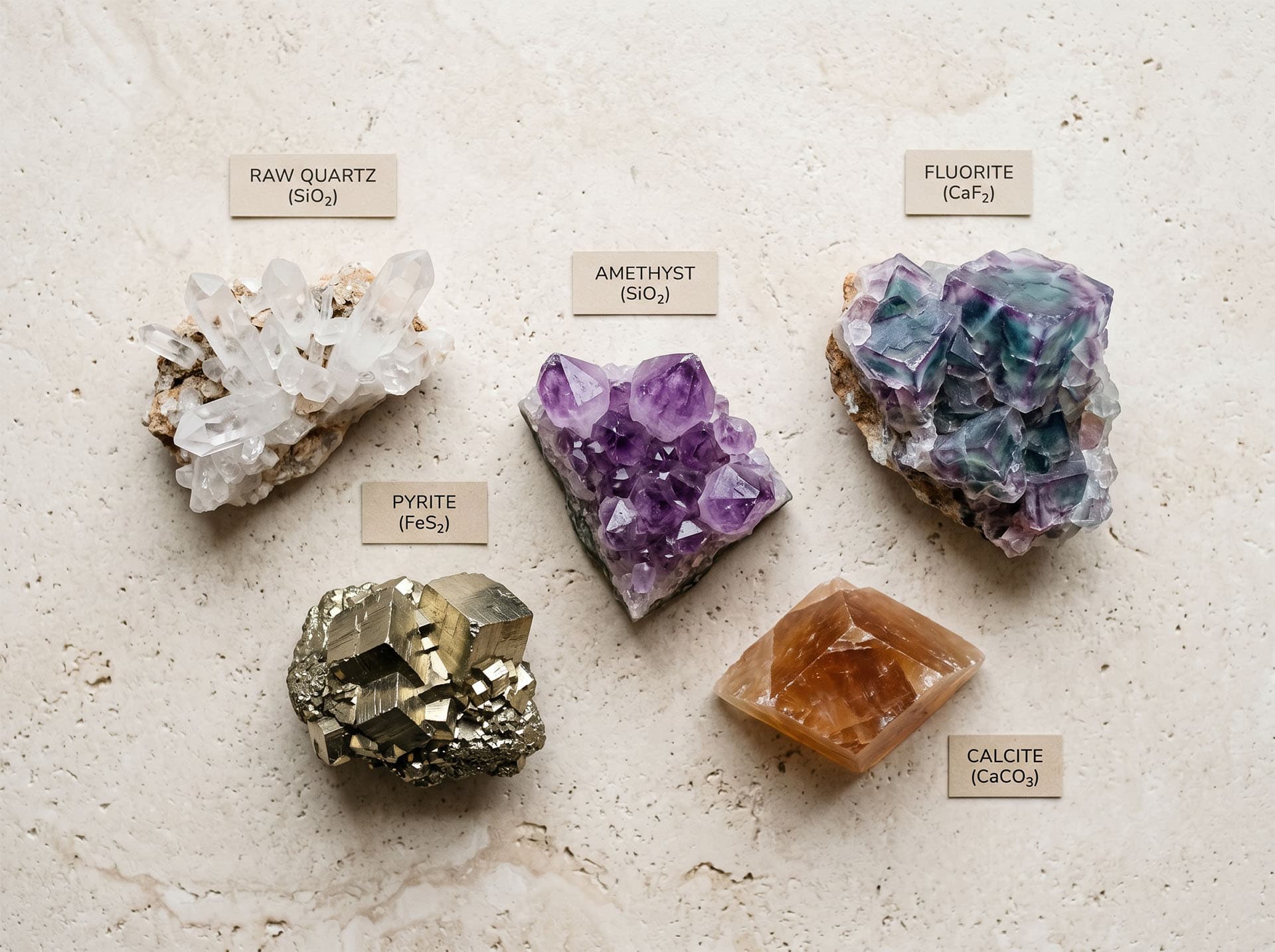Various Minerals Displayed With Name Tags