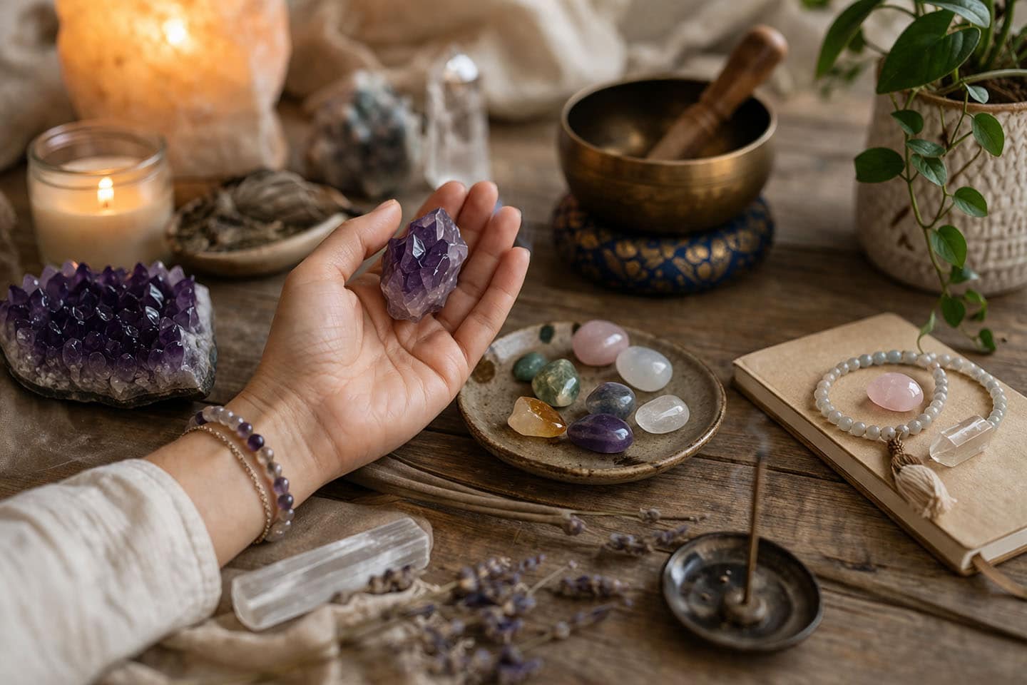 Hand Holding An Amethyst Crystal On A Wooden Table Surrounded By Candles, Crystals, Incense, And Meditation Tools In A Calm Spiritual Ritual Setting.