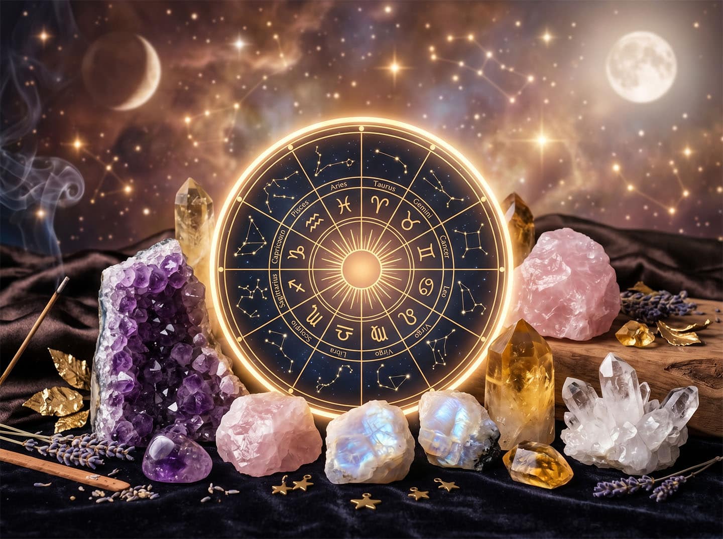 Crystals Arranged Around A Zodiac Wheel With Astrological Symbols, Featuring Celestial Elements, Soft Moonlight, And A Mystical Astrology-Inspired Background.