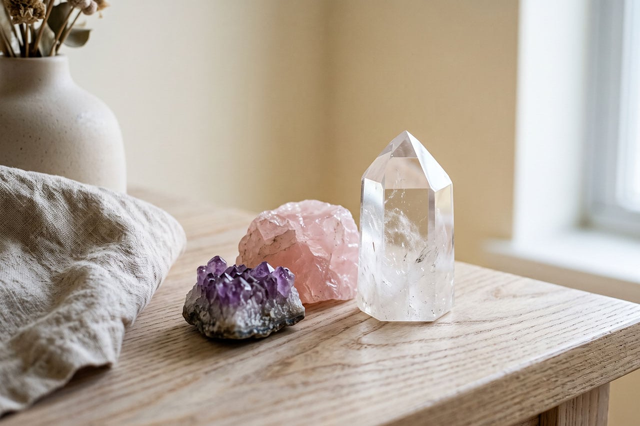 Clear Quartz, rose quartz, amethyst