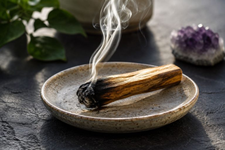 Incense stick burning with smoke on a ceramic dish for relaxation.