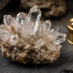 Natural quartz crystal cluster on rough rock matrix beside a brass loupe on dark slate