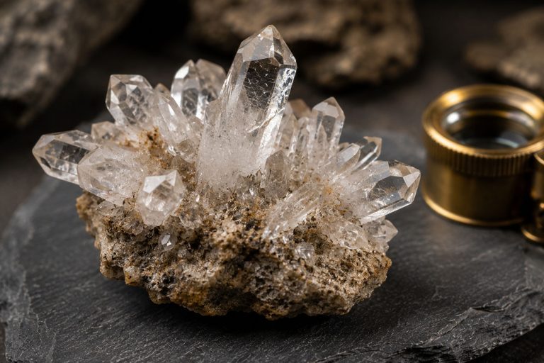 Natural Quartz Crystal Cluster On Rough Rock Matrix Beside A Brass Loupe On Dark Slate