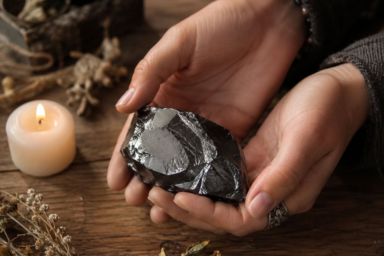 Hands Holding A Raw Hematite Stone Beside A Lit Candle On A Wooden Table With Dried Herbs.