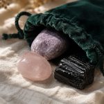 Green velvet pouch with lepidolite, rose quartz, and black tourmaline on cream linen cloth