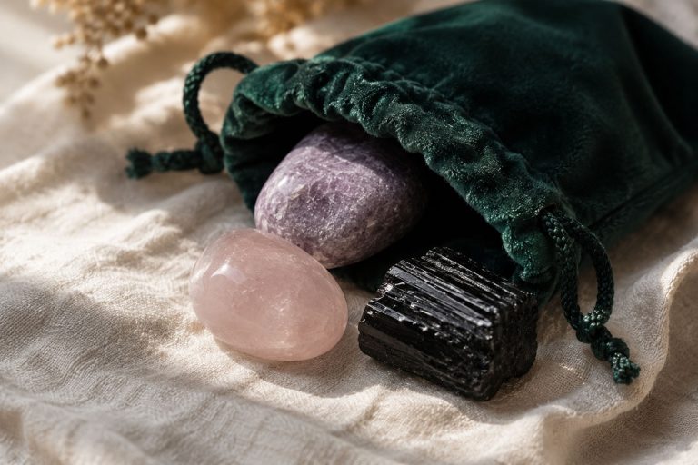 Green velvet pouch with lepidolite, rose quartz, and black tourmaline on cream linen cloth