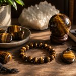 Tiger’s eye stones, bracelet, and pendant arranged on a wooden desk in warm natural light with soft shadows