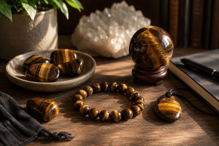 Tiger’s eye stones, bracelet, and pendant arranged on a wooden desk in warm natural light with soft shadows