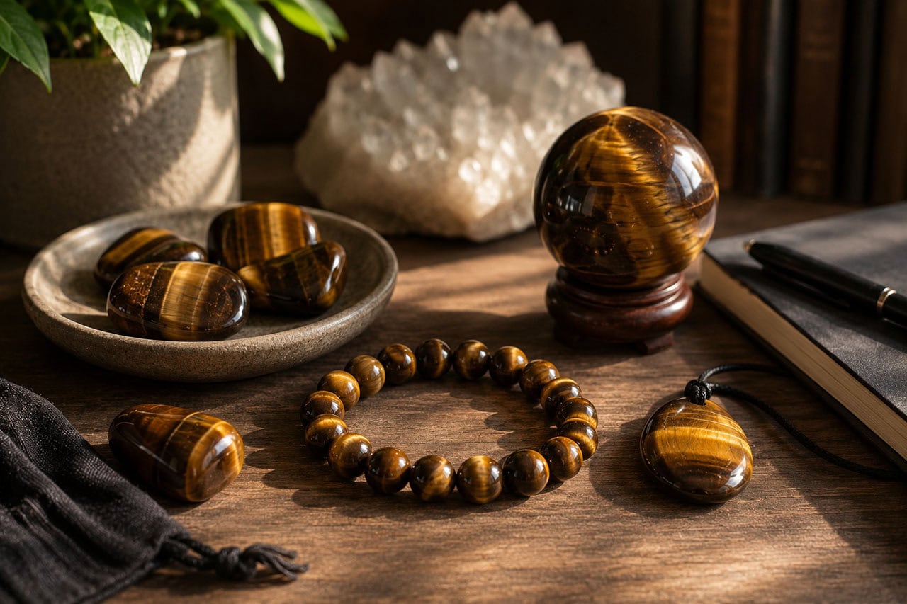 Tiger’s Eye Stones, Bracelet, And Pendant Arranged On A Wooden Desk In Warm Natural Light With Soft Shadows