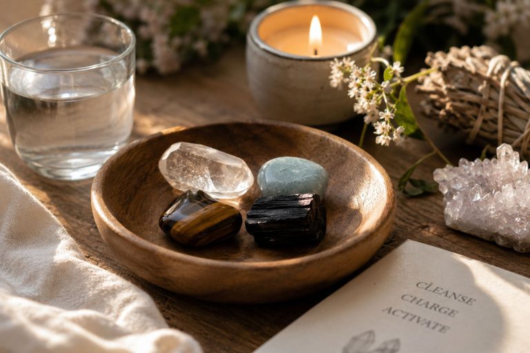 Healing crystals, candle, and water for wellness and relaxation.