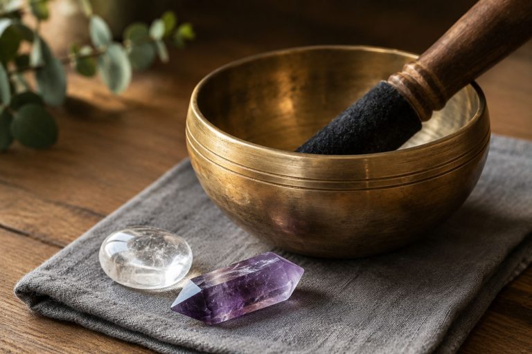 Healing crystal set with amethyst and clear quartz on a wooden table.