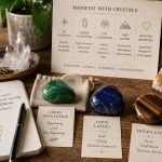 Crystal manifestation altar with aventurine, lapis lazuli, tiger’s eye and candles on wooden table