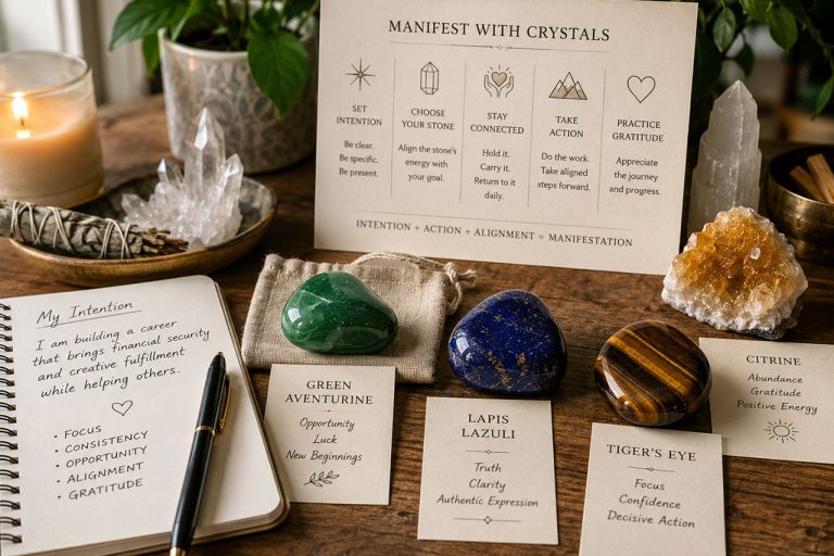 Crystal Manifestation Altar With Aventurine, Lapis Lazuli, Tiger’s Eye And Candles On Wooden Table