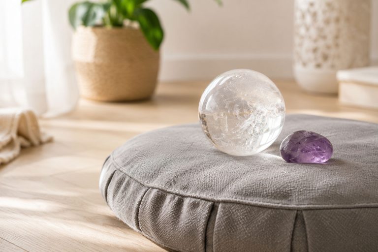 Clear quartz and amethyst crystal spheres on a cushion in a cozy room.