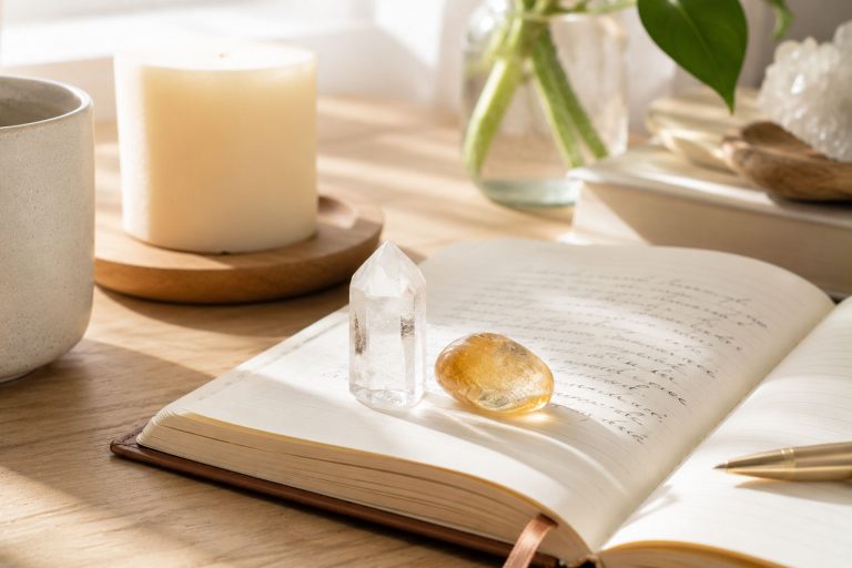 Quartz and citrine crystal and book on a wooden table with candles and plants.