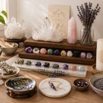 Collection of crystals and gemstones on a wooden table for healing and meditation.