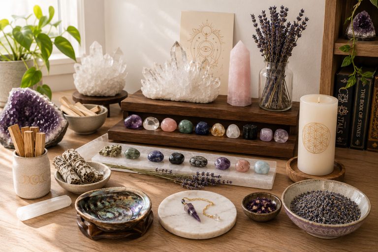 Collection of crystals and gemstones on a wooden table for healing and meditation.
