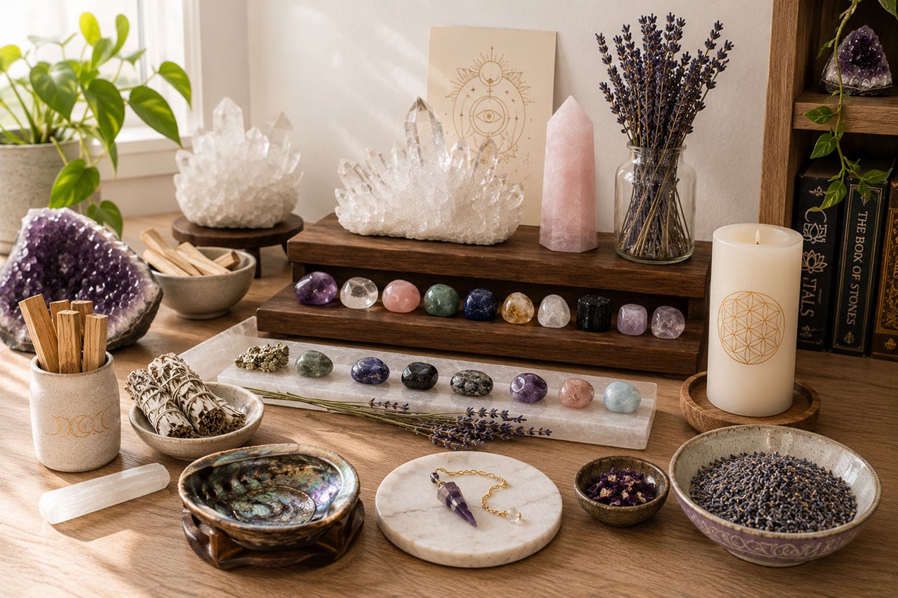 Collection of crystals and gemstones on a wooden table for healing and meditation.