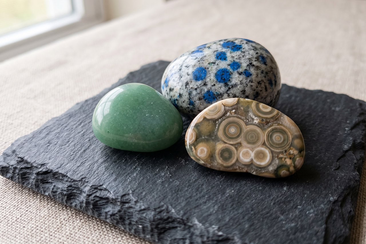 A green aventurine tumble flecked with fine mica sparkle