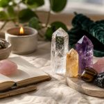Crystals, candle, and journal arranged on linen cloth in soft morning light
