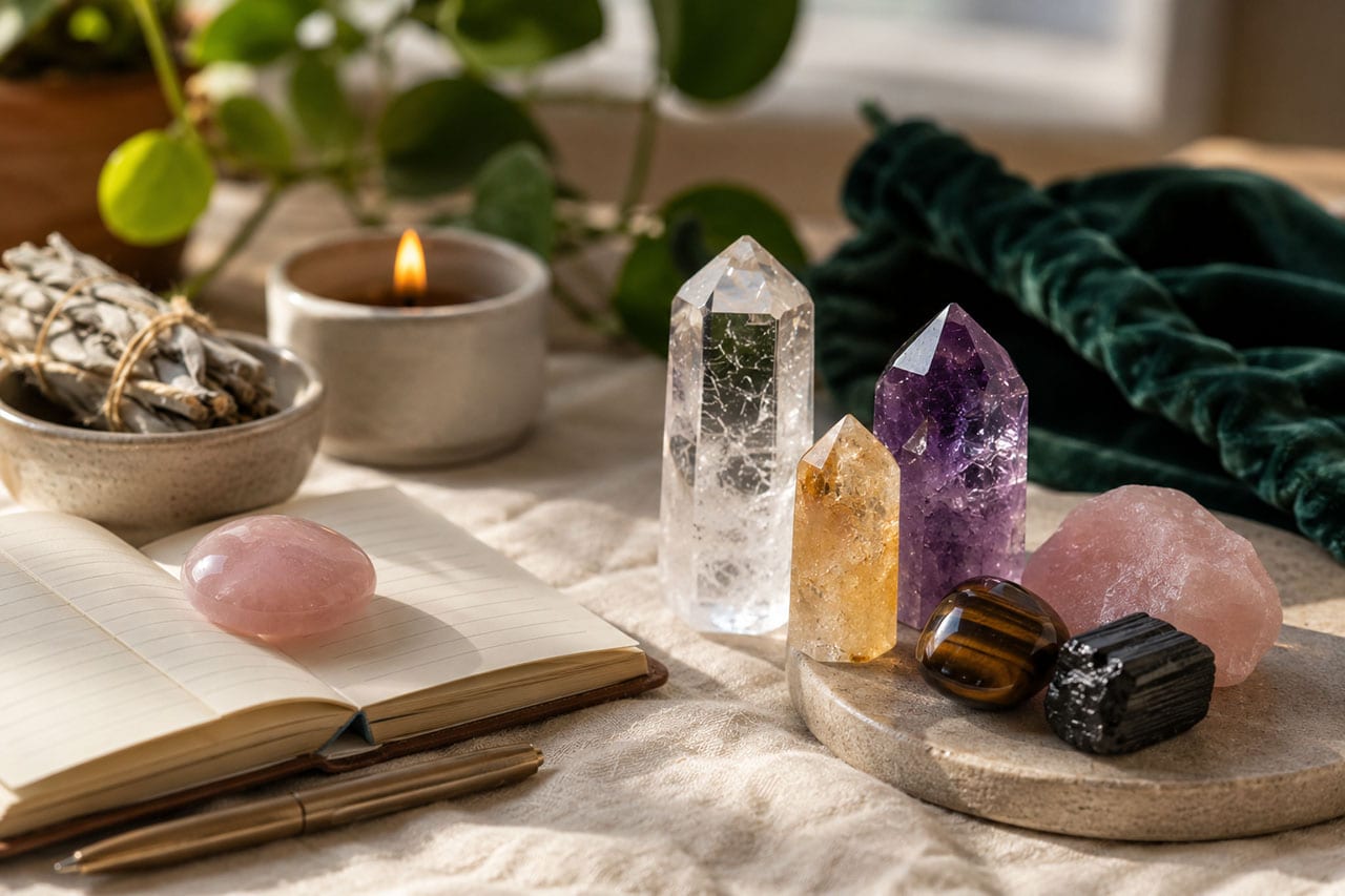 Crystals, Candle, And Journal Arranged On Linen Cloth In Soft Morning Light