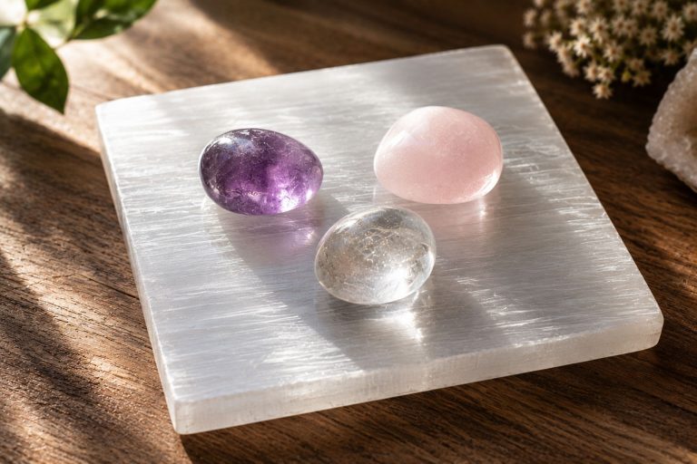 Set of three polished healing crystals on a white selenite plate