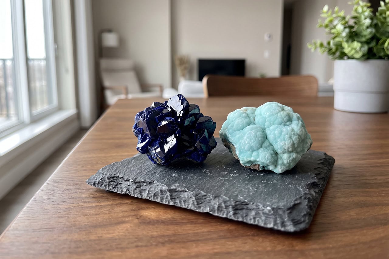 Azurite crystal and chrysocolla stone on a wooden table