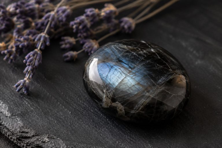 Polished black labradorite gemstone with iridescent sheen on dark background.