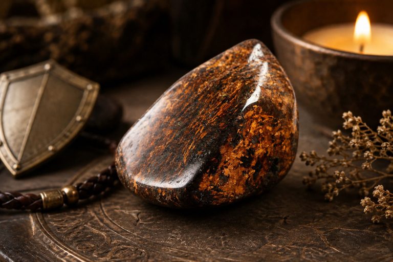 Polished Bronzite Stone On A Dark Table Beside A Candle, Shield Ornament, And Dried Herbs