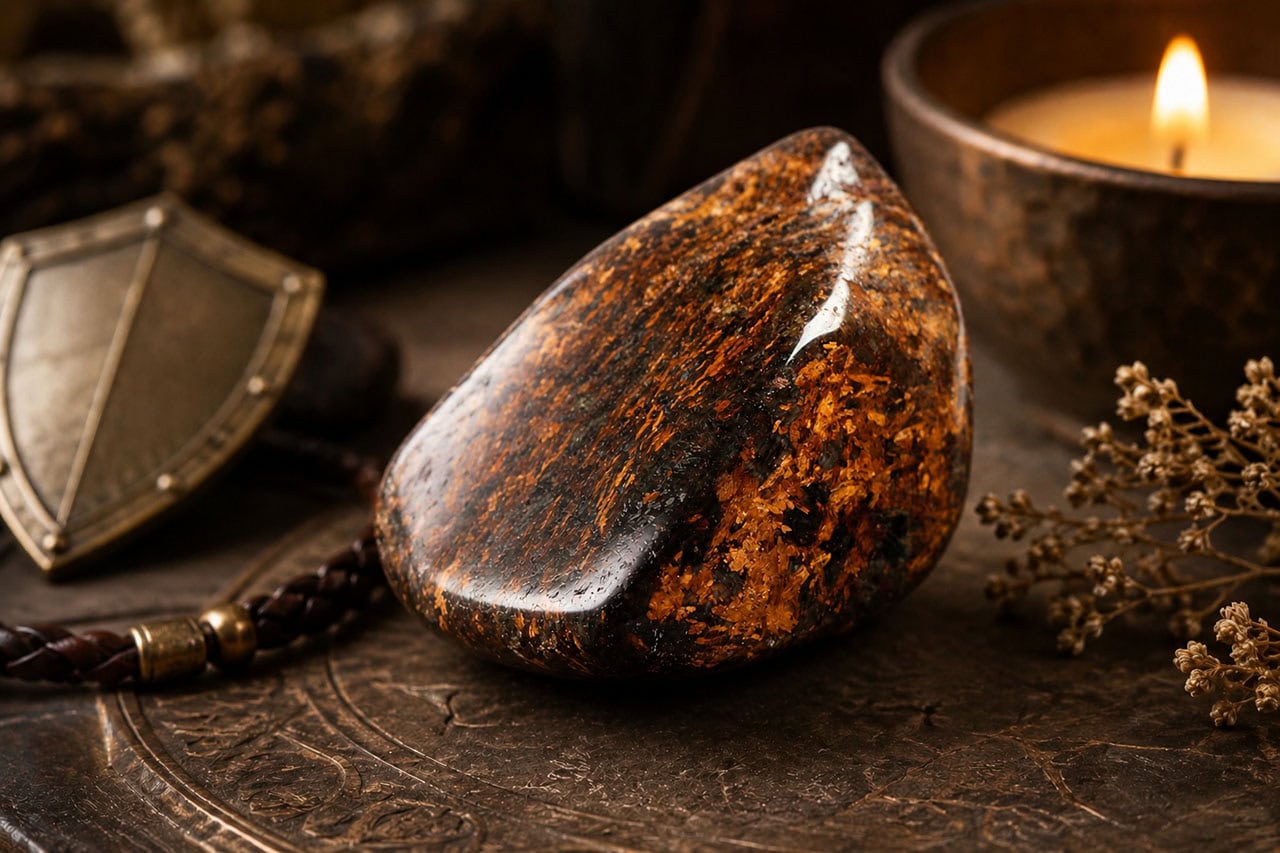 Polished Bronzite Stone On A Dark Table Beside A Candle, Shield Ornament, And Dried Herbs