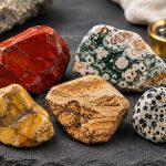 Five jasper stones on dark slate showing red, ocean, picture, yellow, and dalmatian patterns