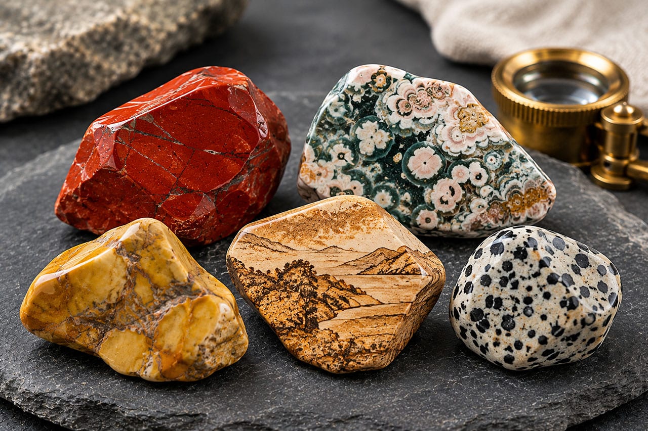 Five Jasper Stones On Dark Slate Showing Red, Ocean, Picture, Yellow, And Dalmatian Patterns