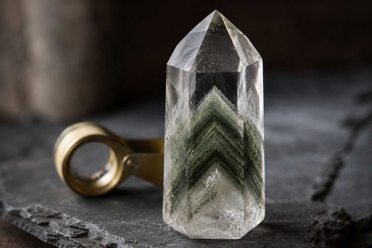 Transparent Quartz Crystal With Green Chlorite Phantom On Slate Beside A Brass Loupe.