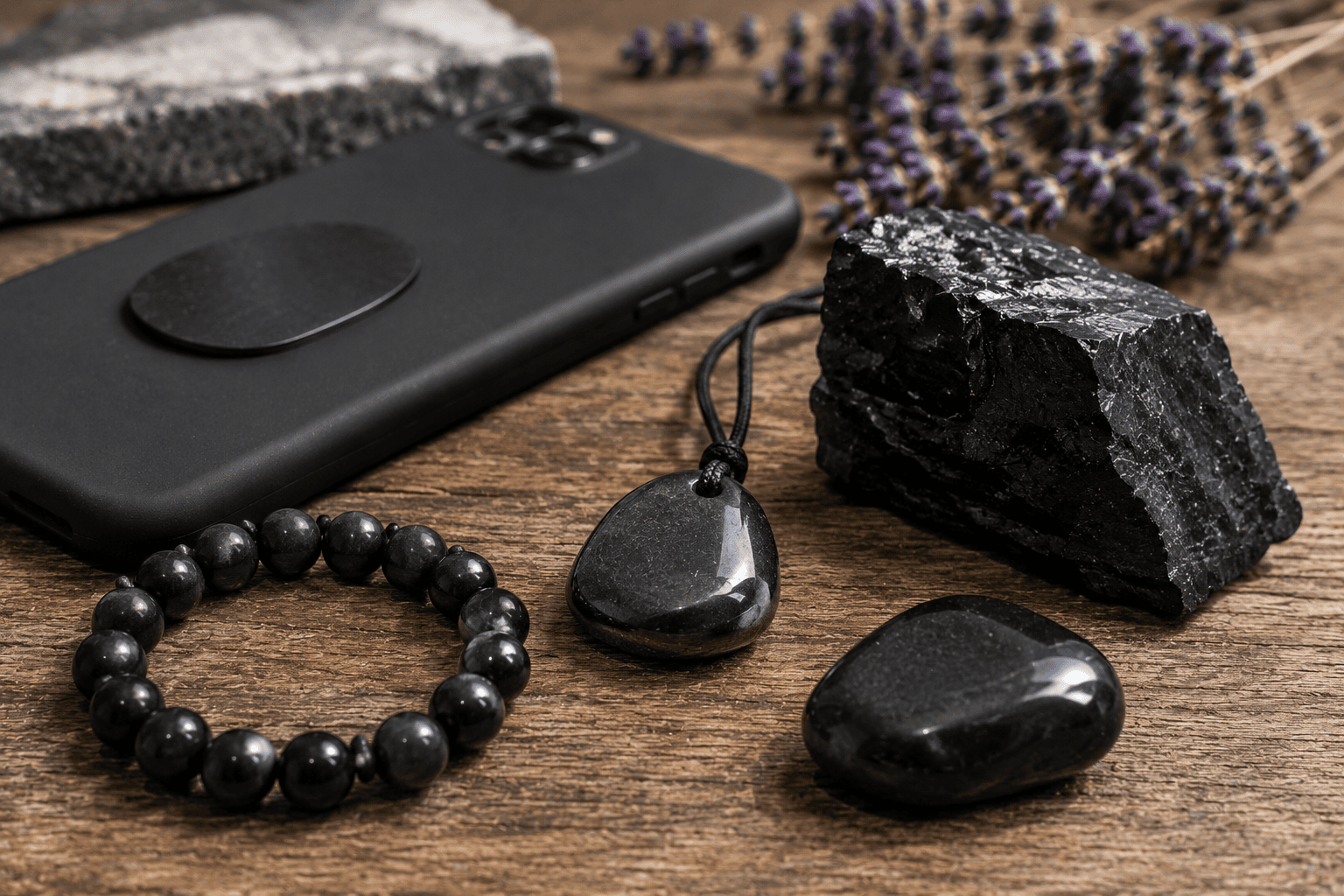 Shungite Bracelet, Pendant, And Polished Stones Beside A Smartphone On A Wooden Table With Soft Natural Light And Dried Lavender