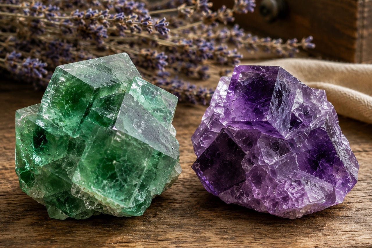 green and purple fluorite on wooden table
