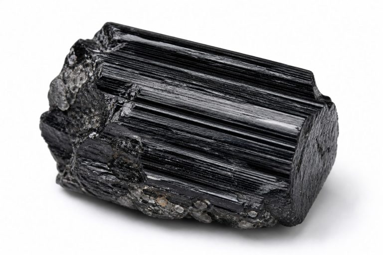 Raw Black Tourmaline Specimen On White Background