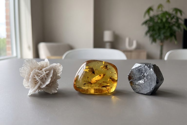Decorative crystals and amber on a modern table for interior decor.