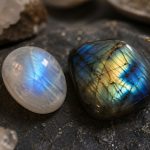 Moonstone and labradorite gemstones resting together on a dark stone surface, lit with soft natural light highlighting their blue glow and iridescent color flashes.