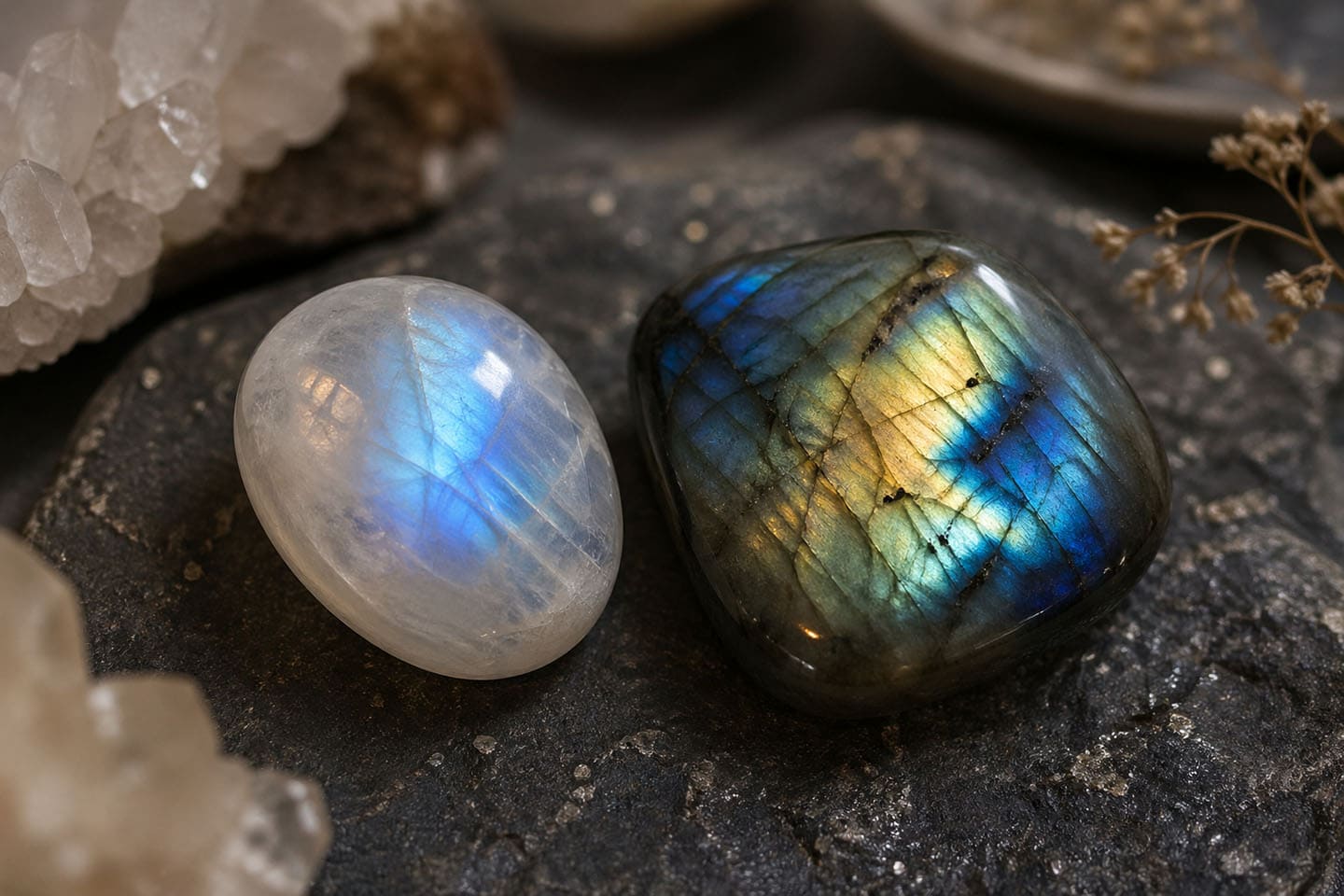 Moonstone And Labradorite Gemstones Resting Together On A Dark Stone Surface, Lit With Soft Natural Light Highlighting Their Blue Glow And Iridescent Color Flashes.