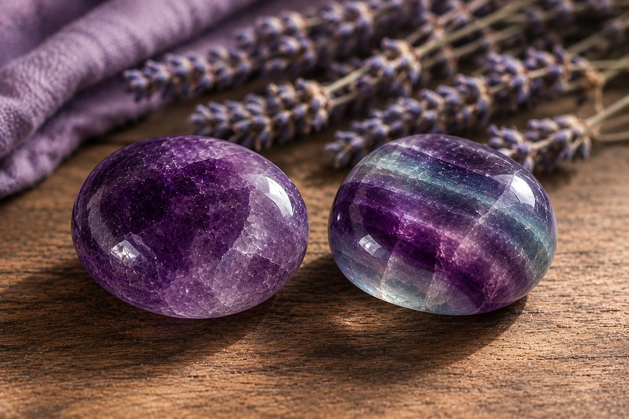 Two Polished Purple Crystals, Amethyst And Fluorite, Resting On A Wooden Table With Dried Lavender In The Softly Blurred Background