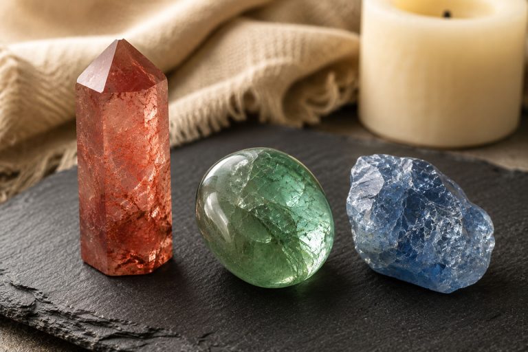 Healing crystals including red, green, and blue stones on black slate.